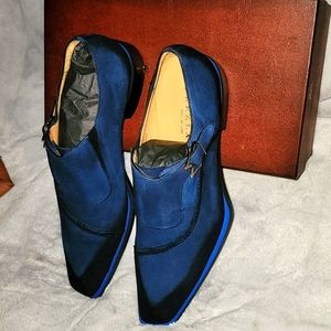 Mezlan Blue Suede Asymmetrical Monk Strap Dress Shoes